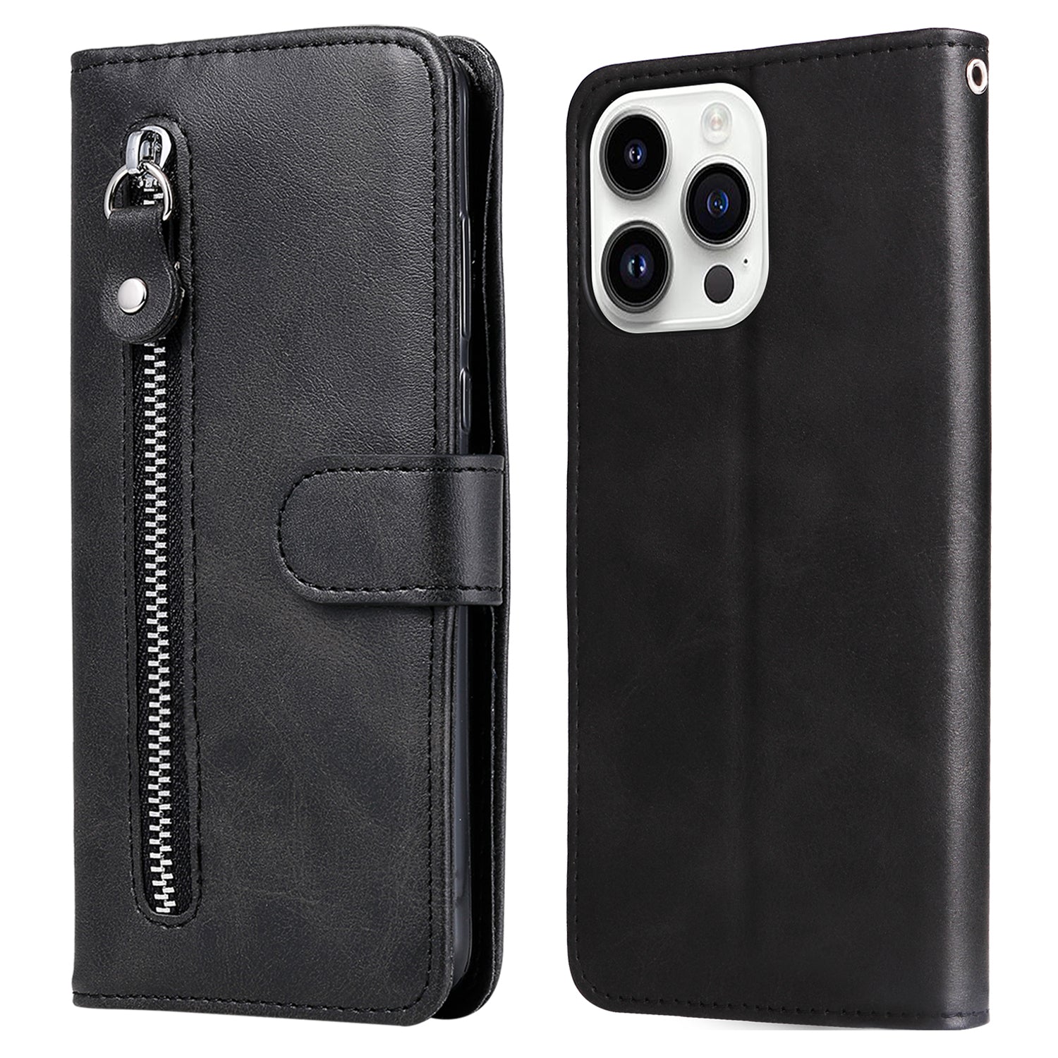 Uniqkart for iPhone 15 Pro Calf Texture Phone Case Zipper Pocket Wallet Foldable Stand Anti-Scratch Cell Phone Cover - Black Uniqkart for iPhone 15 Pro Calf Texture Phone Case Zipper Pocket Wallet Foldable Stand Anti-Scratch Cell Phone Cover - Black